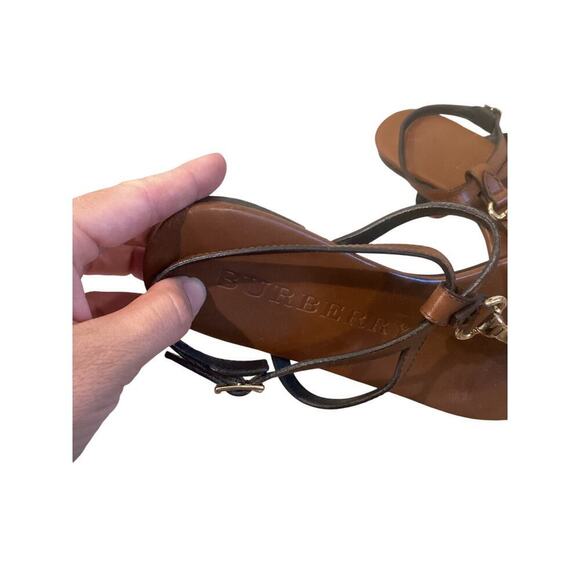 Burberry Leather T-Strap Sandals EU 41 US 11 Brown Gold Classic Old Money Resort - Picture 6 of 12